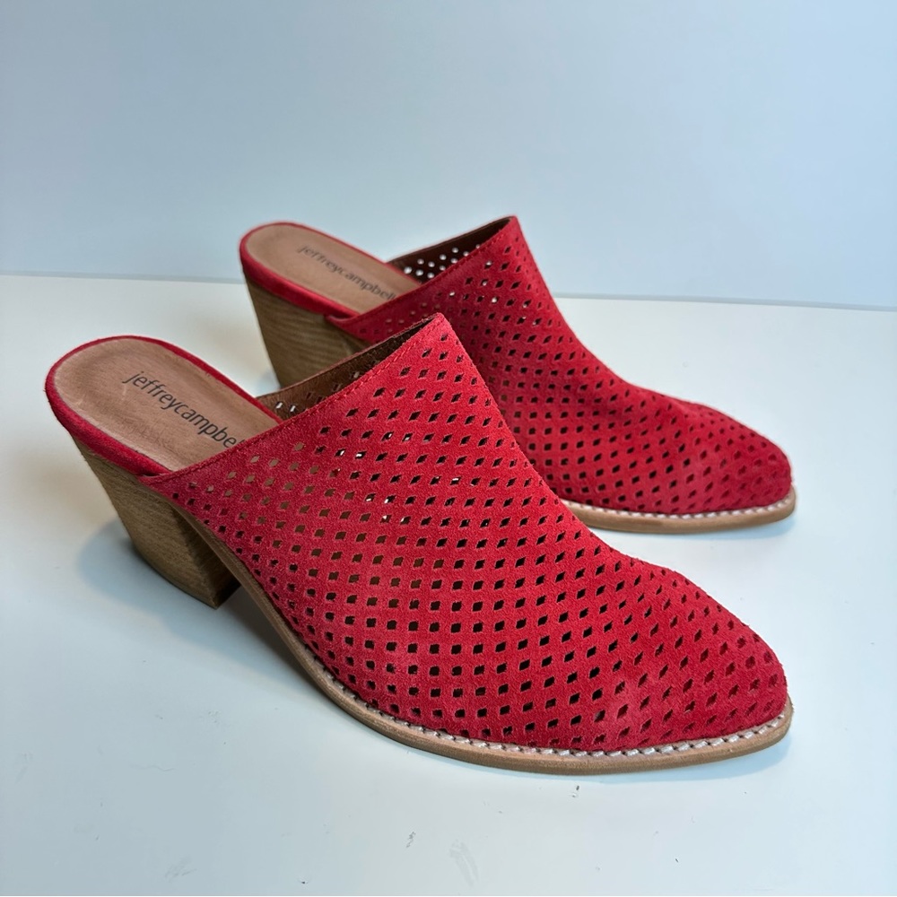 Jeffrey Campbell Favela Red Perforated Suede Mules | Size 9